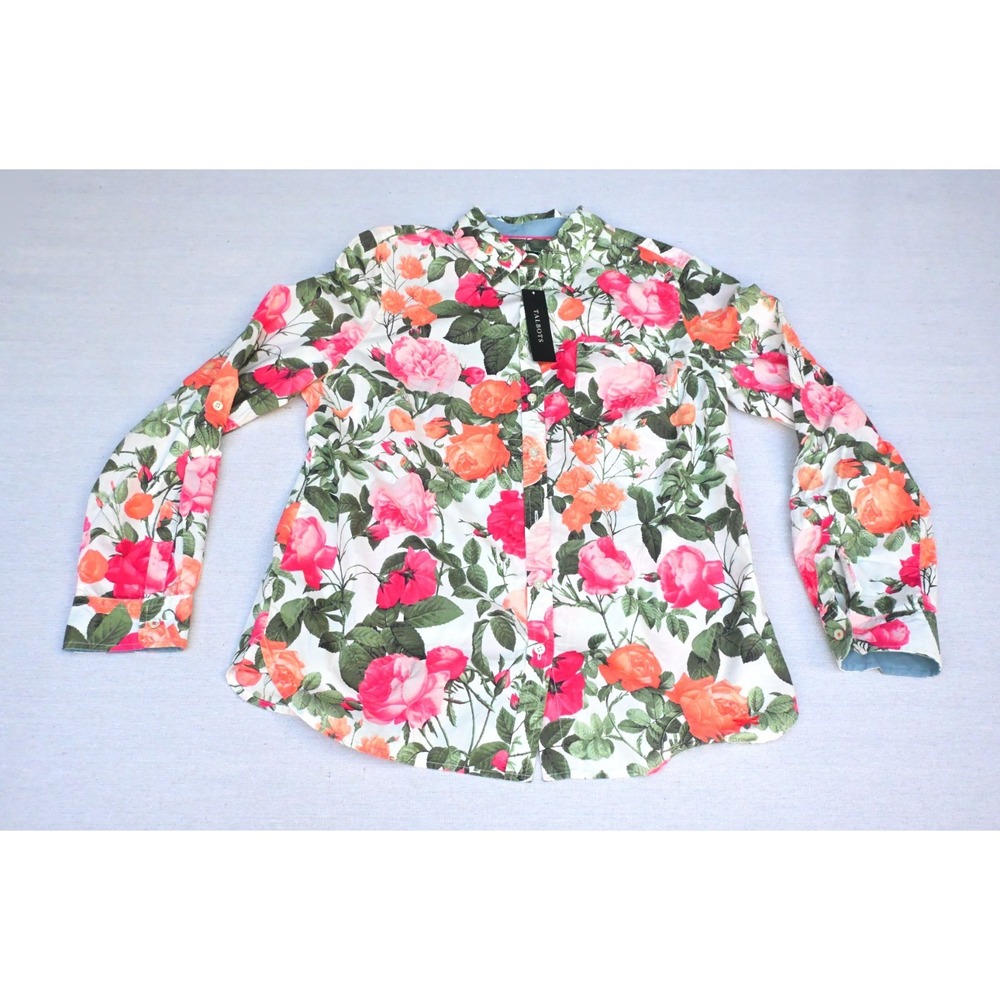Talbots Womens 12 NWT Rose Print Button Up Shirt White Pink Long Sleeve Roll Tab